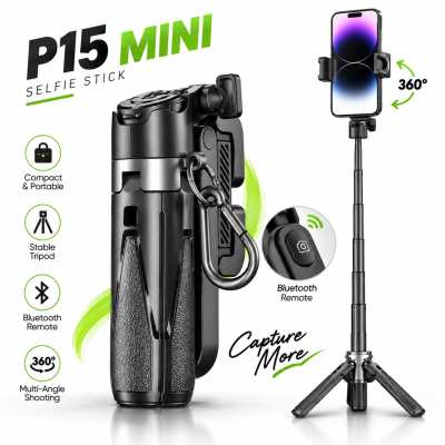 P15 Mini 3-in-1 Selfie Stick Tripod – Pocket-Sized Foldable Monopod with 4-Leg Quadripod Stand, 360° Rotation & Detachable Bluetooth Remote
